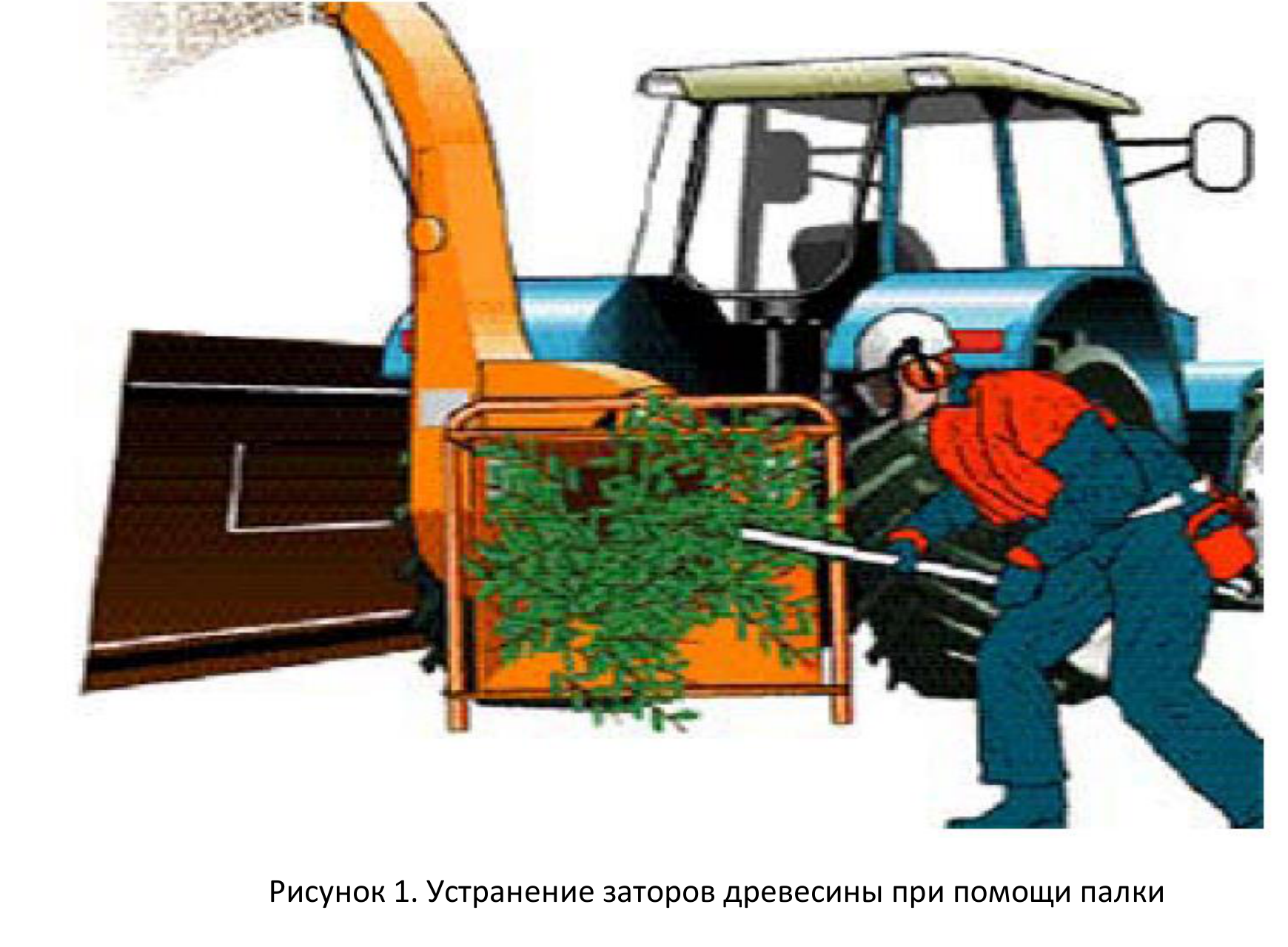 Иллюстрация устранения затора древесины у рубительной машины БОБР